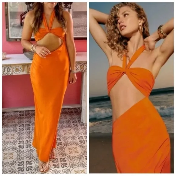 Reformation Maxi Dress Orange Vivi Cutout Halter size 6 - Picture 1 of 8